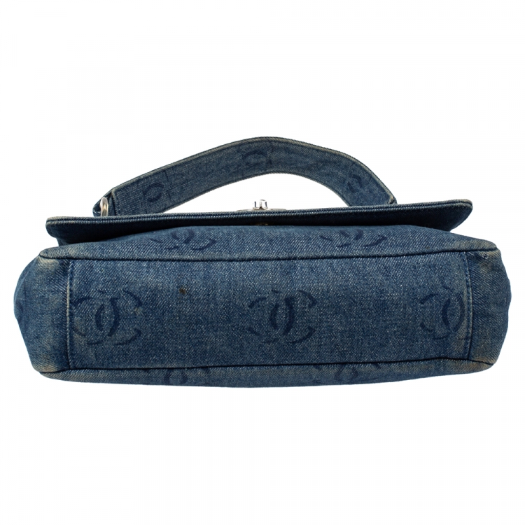 Pre Owned Chanel Blue CC Print Denim Vintage Single Flap Bag