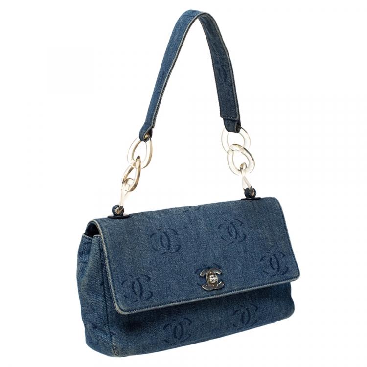 Pre Owned Chanel Blue CC Print Denim Vintage Single Flap Bag
