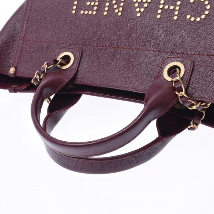 Pre Owned Chanel Bordeaux Leather Deauville Studded Logo Tote Bag