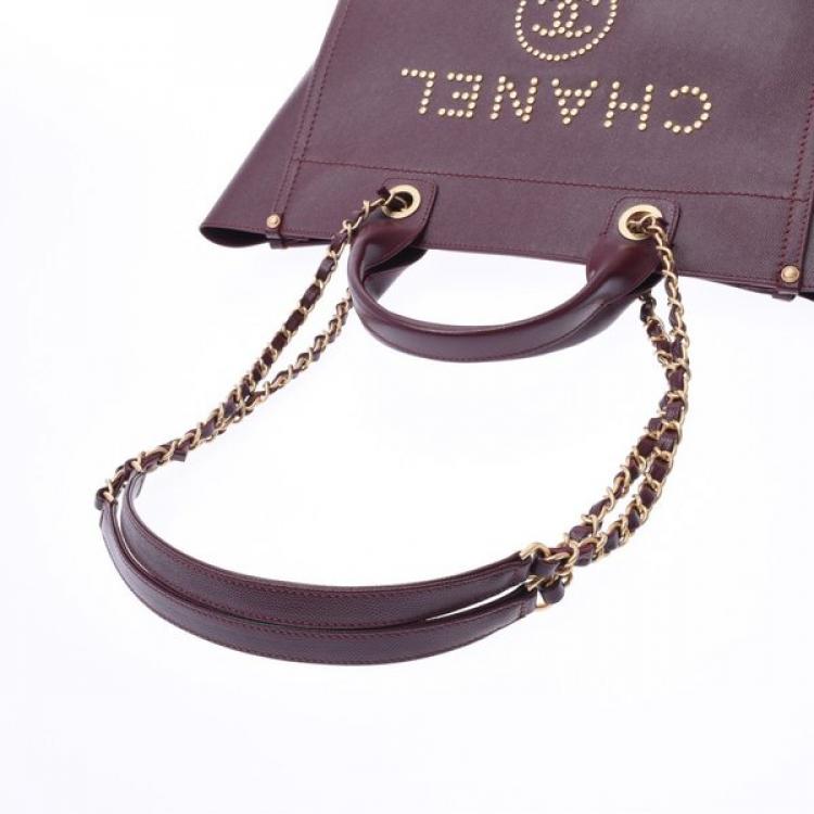 Pre Owned Chanel Bordeaux Leather Deauville Studded Logo Tote Bag