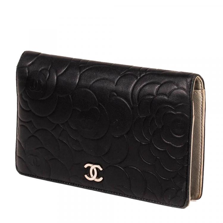 Pre Owned Chanel Black Embossed Leather Camellia Bifold Flap Wallet