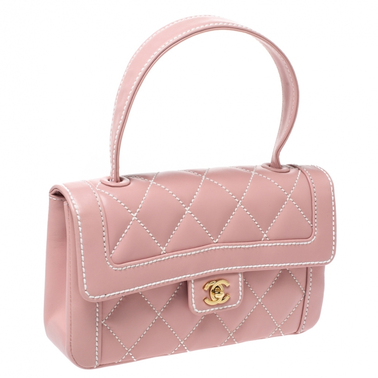 Pre Owned Chanel Pink Wild Stitch Leather Small Flap Top Handle Bag