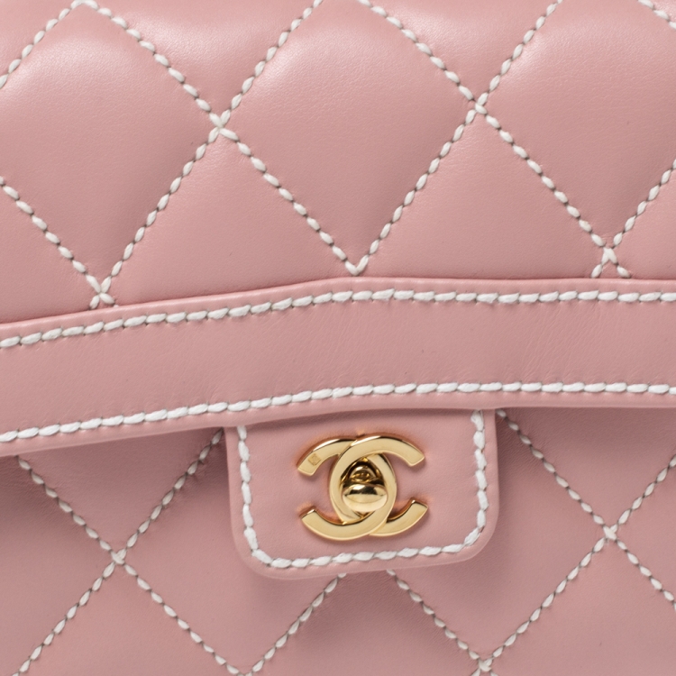 Pre Owned Chanel Pink Wild Stitch Leather Small Flap Top Handle Bag
