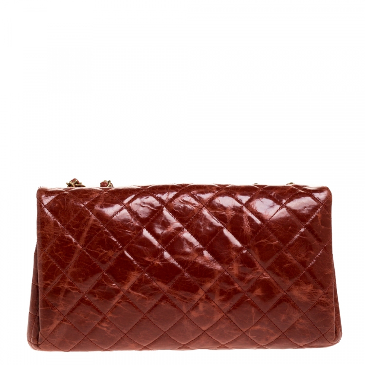 Pre Owned Chanel Burnt Orange Aged Leather Rectangular Sac Class Rabat Flap Bag