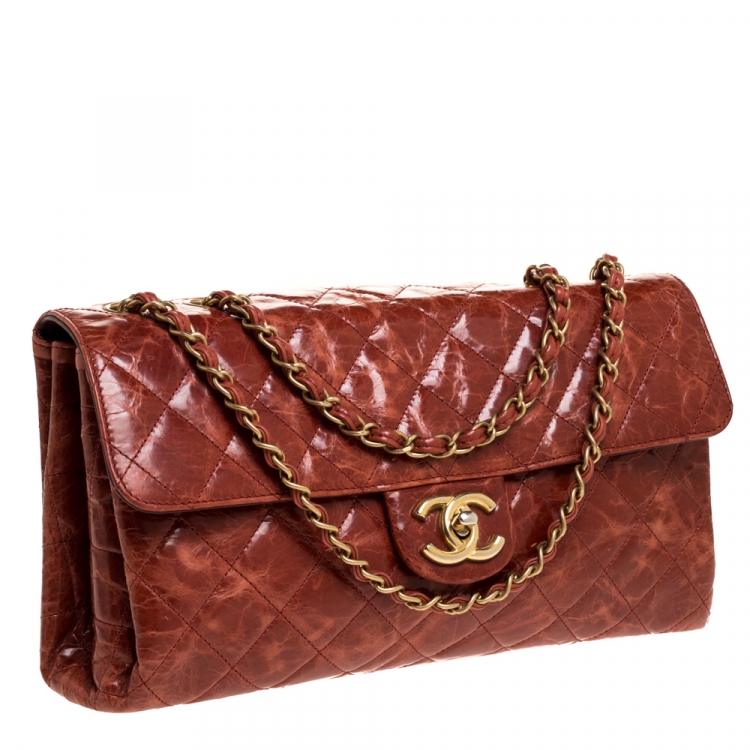 Pre Owned Chanel Burnt Orange Aged Leather Rectangular Sac Class Rabat Flap Bag