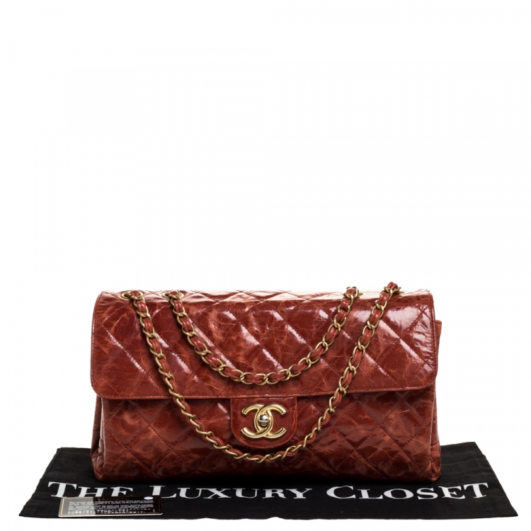 Pre Owned Chanel Burnt Orange Aged Leather Rectangular Sac Class Rabat Flap Bag