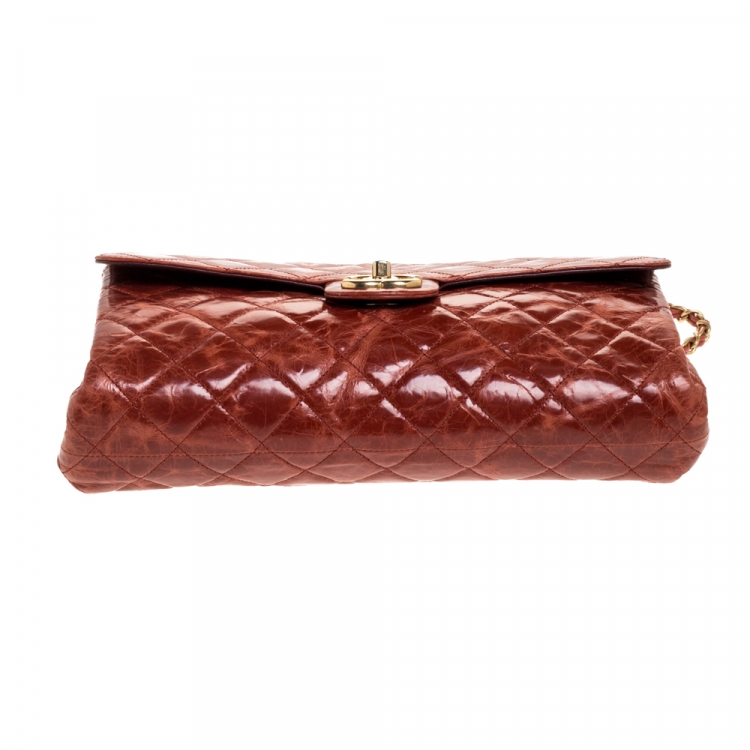 Pre Owned Chanel Burnt Orange Aged Leather Rectangular Sac Class Rabat Flap Bag