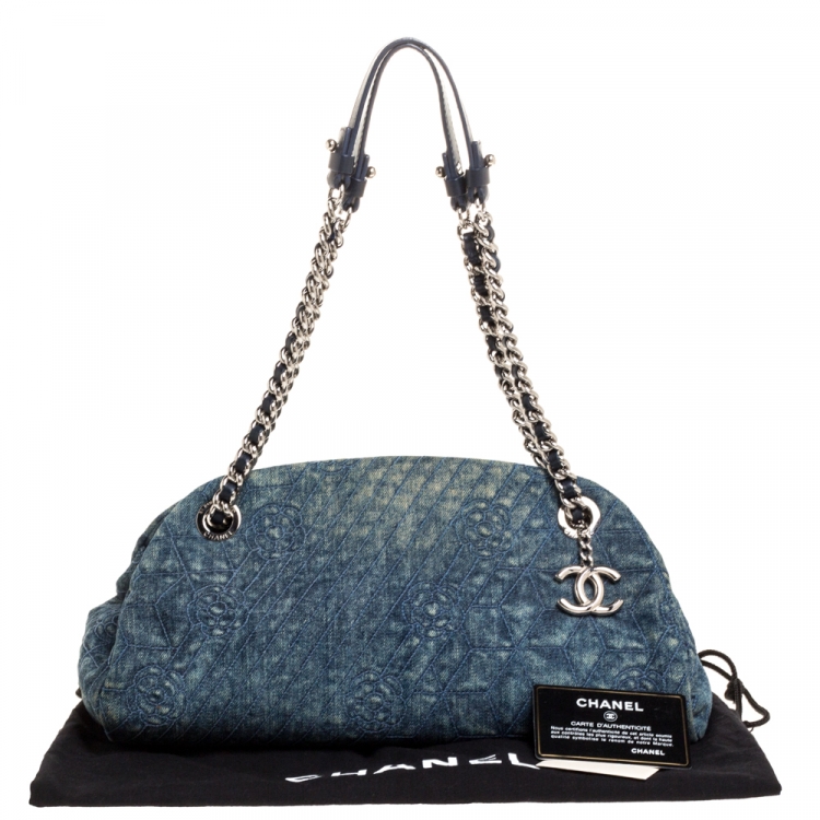 Pre Owned Chanel Blue Camellia Embroidered Denim Just Mademoiselle Bowling Bag