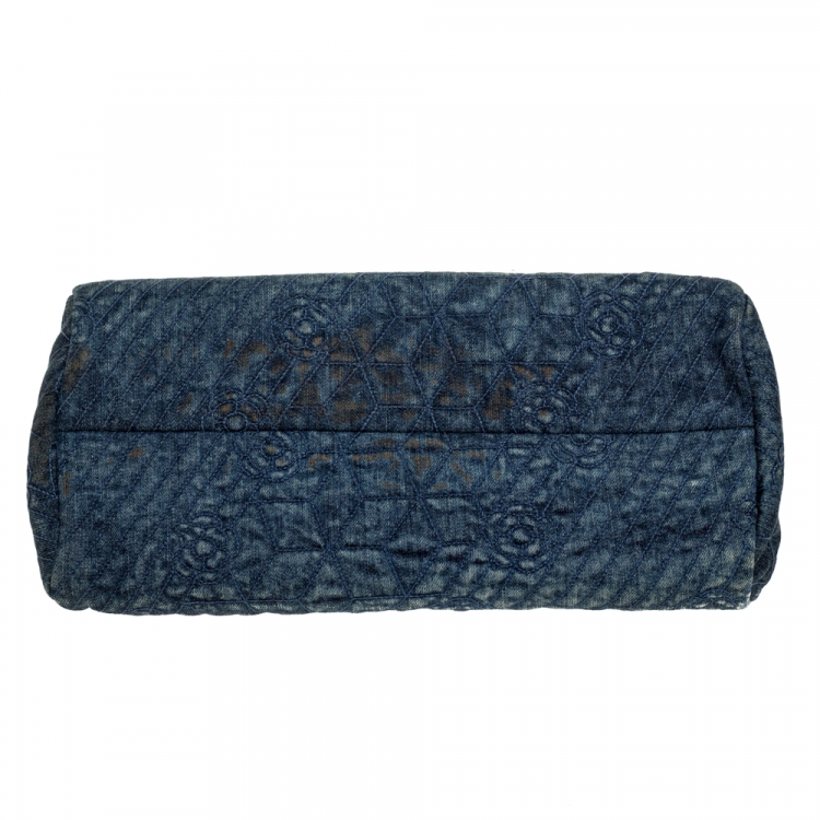 Pre Owned Chanel Blue Camellia Embroidered Denim Just Mademoiselle Bowling Bag