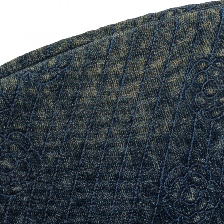 Pre Owned Chanel Blue Camellia Embroidered Denim Just Mademoiselle Bowling Bag
