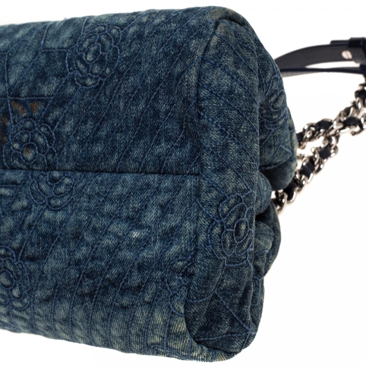 Pre Owned Chanel Blue Camellia Embroidered Denim Just Mademoiselle Bowling Bag