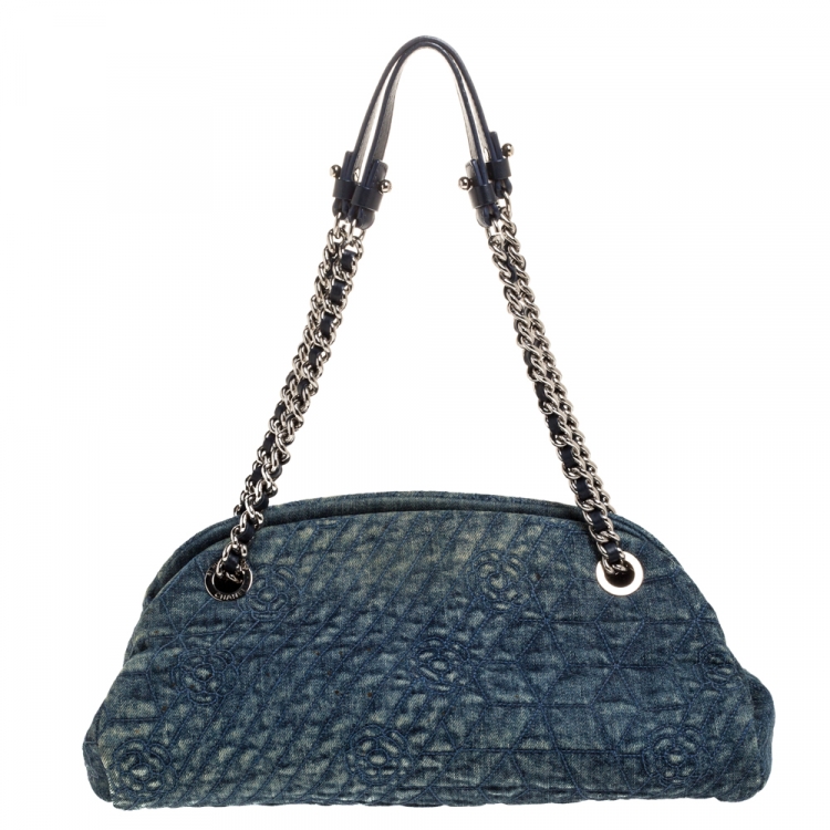 Pre Owned Chanel Blue Camellia Embroidered Denim Just Mademoiselle Bowling Bag