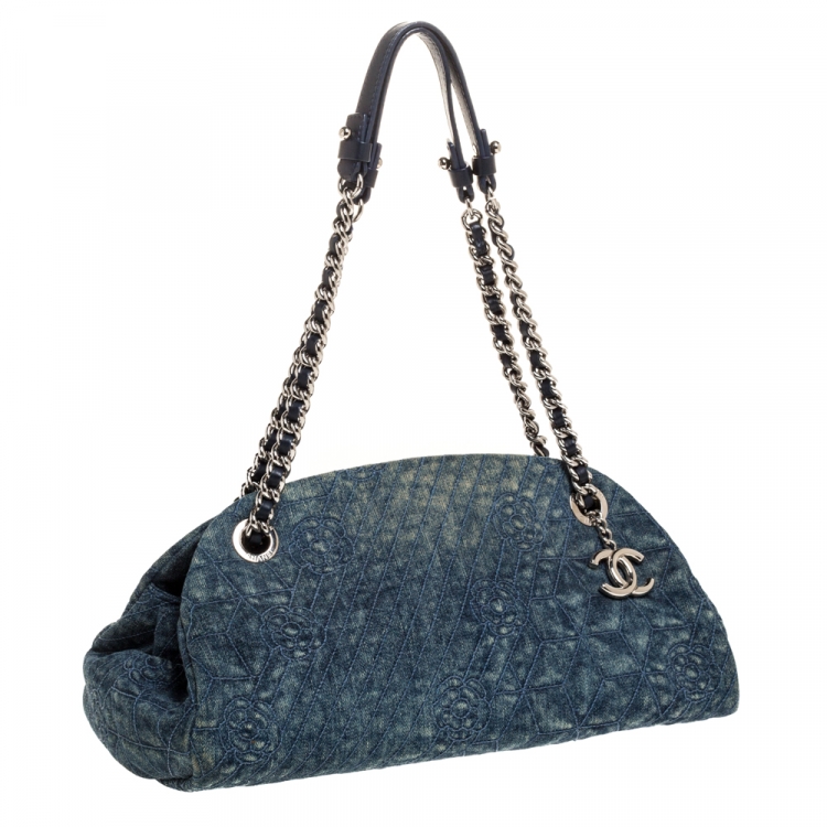 Pre Owned Chanel Blue Camellia Embroidered Denim Just Mademoiselle Bowling Bag