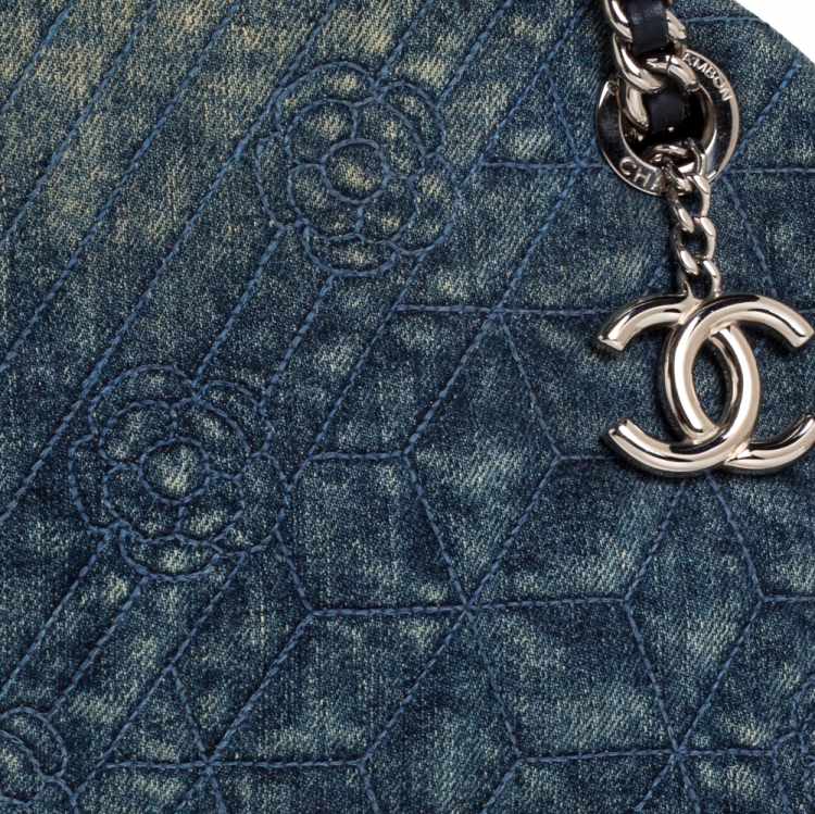 Pre Owned Chanel Blue Camellia Embroidered Denim Just Mademoiselle Bowling Bag