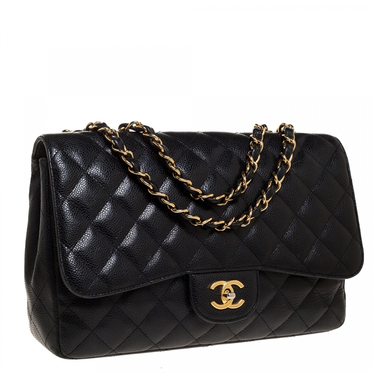 Pre Owned Chanel Black Quilted Caviar Leather Jumbo Classic Single Flap Bag