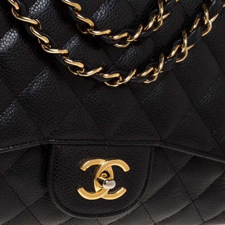 Pre Owned Chanel Black Quilted Caviar Leather Jumbo Classic Single Flap Bag