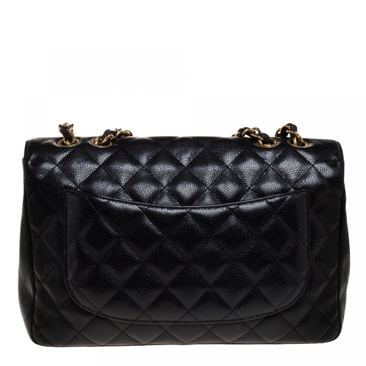 Pre Owned Chanel Black Quilted Caviar Leather Jumbo Classic Single Flap Bag