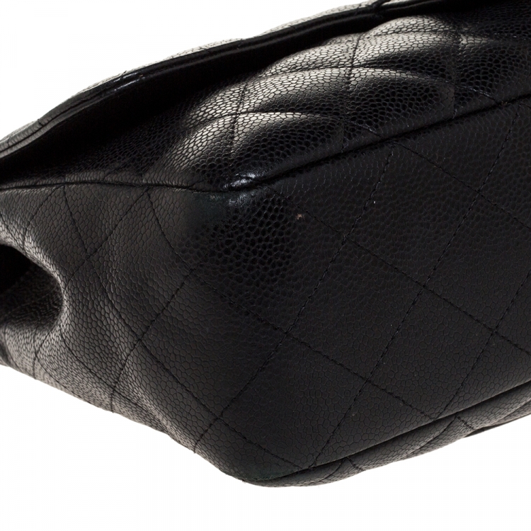 Pre Owned Chanel Black Quilted Caviar Leather Jumbo Classic Single Flap Bag