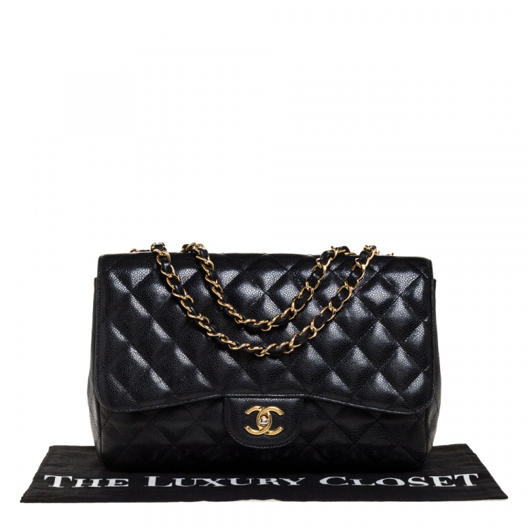 Pre Owned Chanel Black Quilted Caviar Leather Jumbo Classic Single Flap Bag