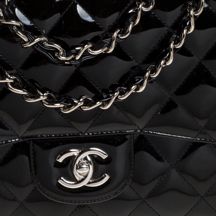 Pre Owned Chanel Black Quilted Patent Leather Jumbo Classic Single Flap Bag