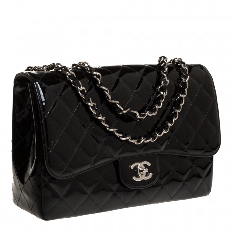 Pre Owned Chanel Black Quilted Patent Leather Jumbo Classic Single Flap Bag