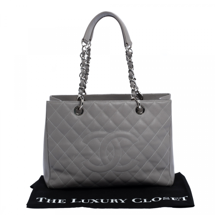 Pre Owned Chanel Grey Quilted Caviar Leather Grand Shopper Tote