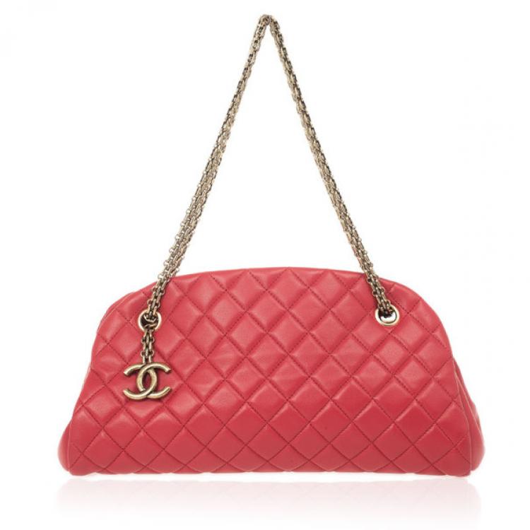 Auth Chanel Just Mademoiselle Quilted Bowler Red Lumbskin Bag