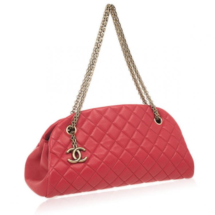 Pre Owned Chanel Red Lambskin Medium Mademoiselle Bowling Bag