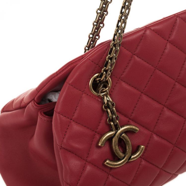 Pre Owned Chanel Red Lambskin Medium Mademoiselle Bowling Bag