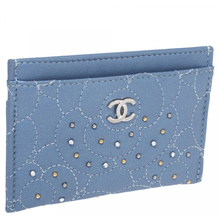 Pre Owned Chanel Light Blue Leather Crystal Embellished Camellia Embossed Card Holder