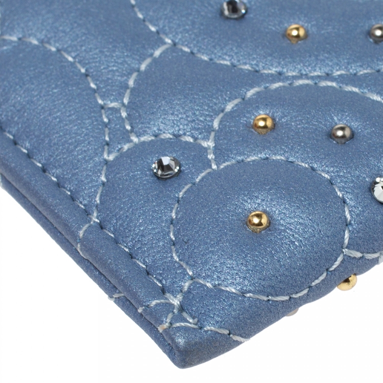 Pre Owned Chanel Light Blue Leather Crystal Embellished Camellia Embossed Card Holder