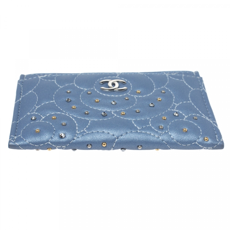 Pre Owned Chanel Light Blue Leather Crystal Embellished Camellia Embossed Card Holder