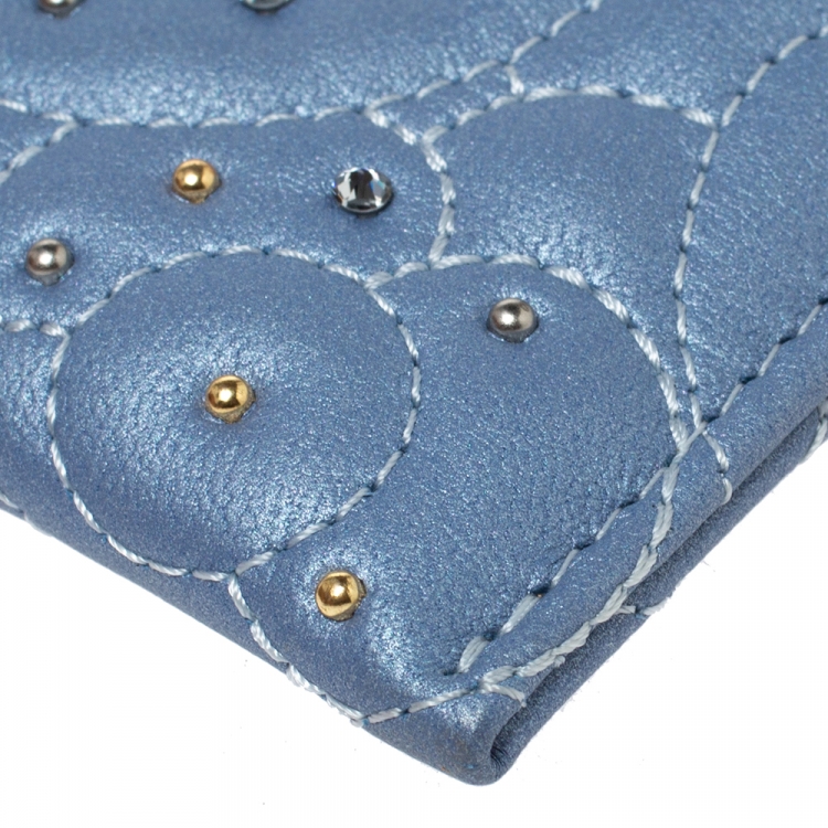 Pre Owned Chanel Light Blue Leather Crystal Embellished Camellia Embossed Card Holder
