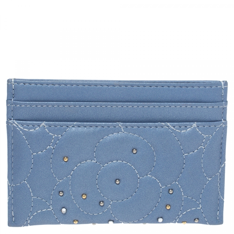 Pre Owned Chanel Light Blue Leather Crystal Embellished Camellia Embossed Card Holder
