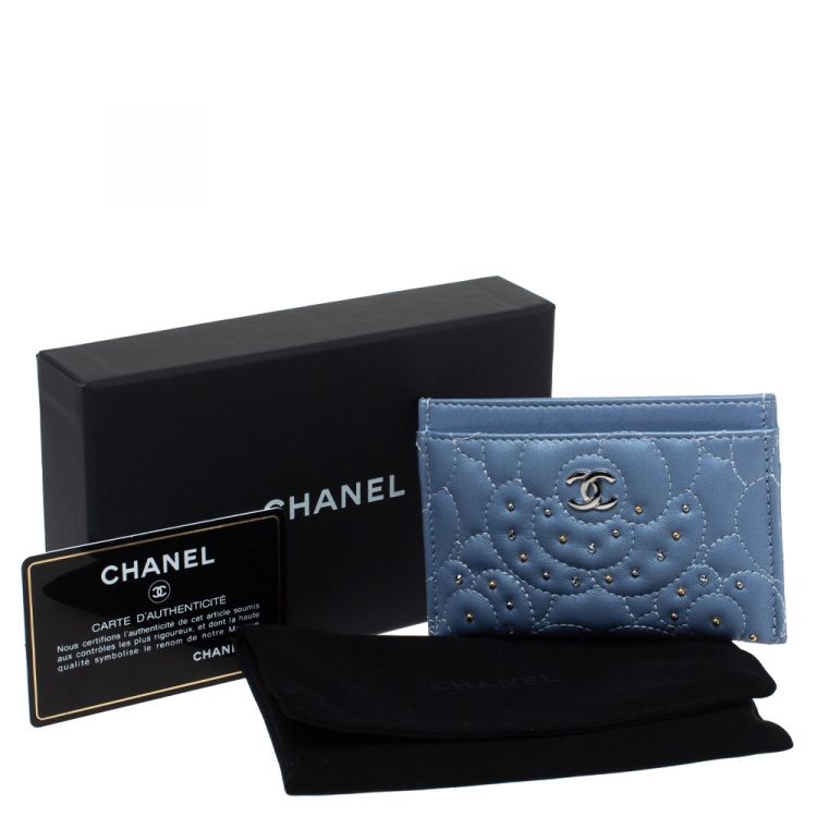 Pre Owned Chanel Light Blue Leather Crystal Embellished Camellia Embossed Card Holder