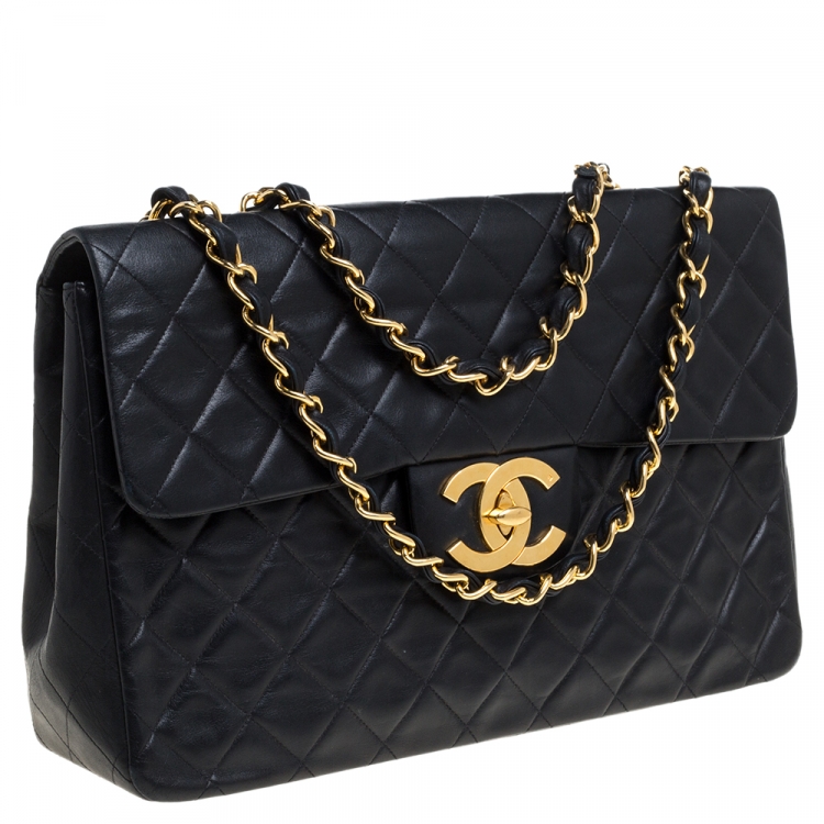 Pre Owned Chanel Black Quilted Leather Maxi Vintage Classic Single Flap Bag