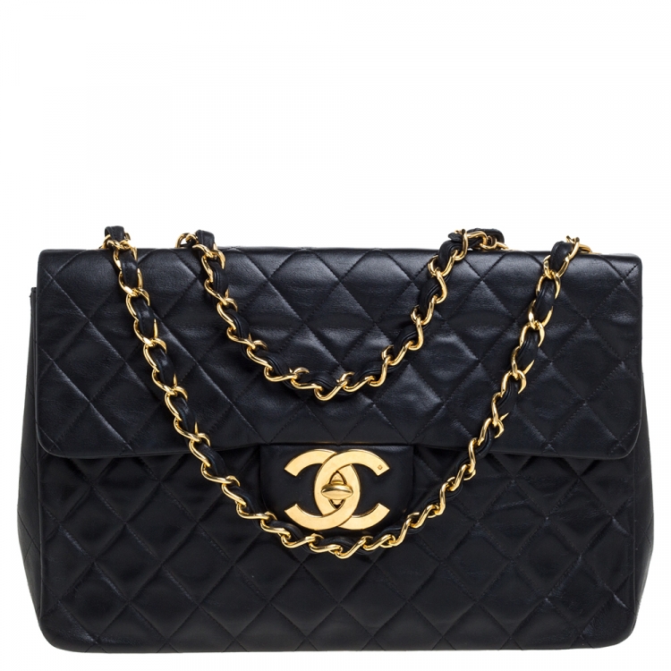 Pre Owned Chanel Black Quilted Leather Maxi Vintage Classic Single Flap Bag
