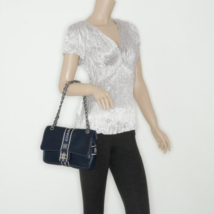 Pre Owned Chanel Navy Blue Perforated Flap Bag