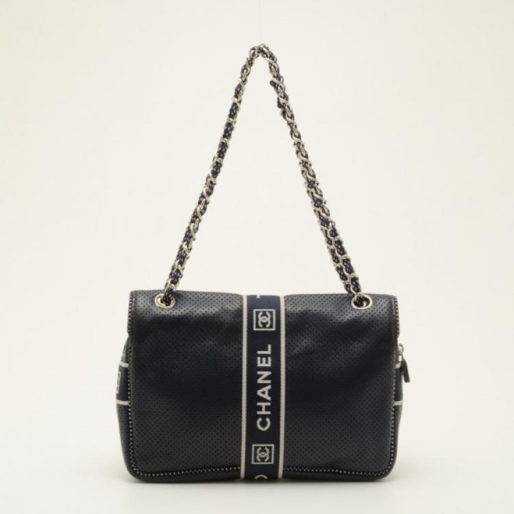Pre Owned Chanel Navy Blue Perforated Flap Bag