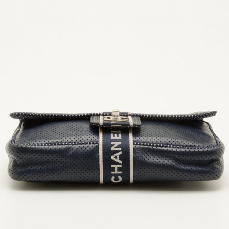 Pre Owned Chanel Navy Blue Perforated Flap Bag