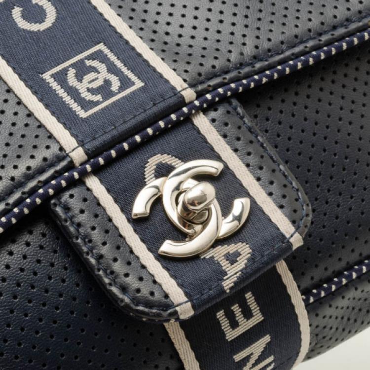 Pre Owned Chanel Navy Blue Perforated Flap Bag