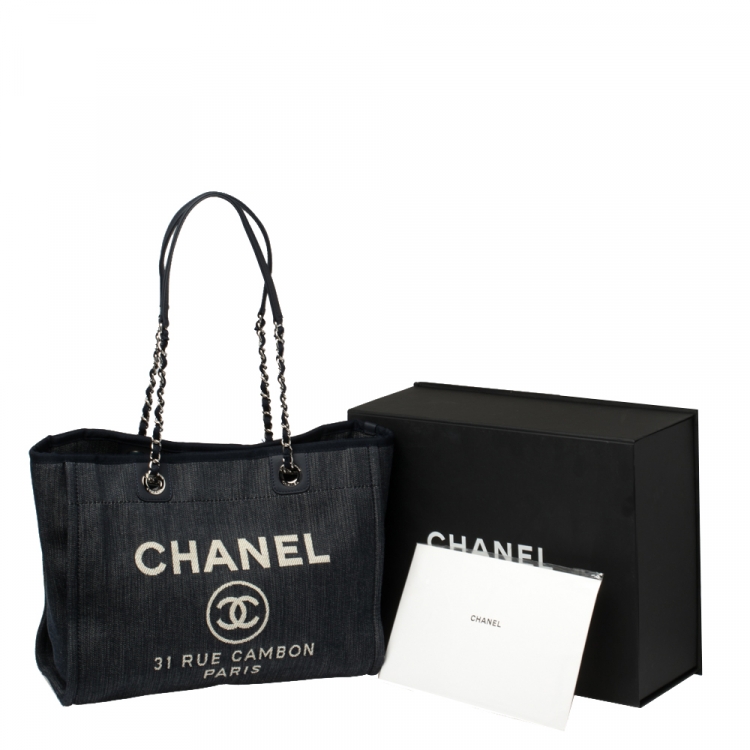 Pre Owned Chanel Navy Blue Denim Medium Deauville Shopper Tote