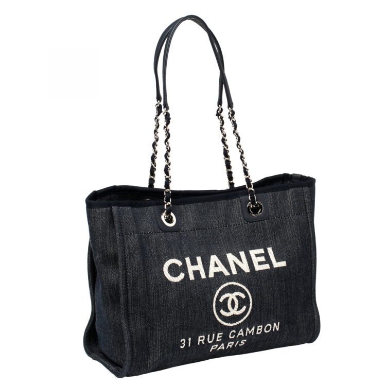 Pre Owned Chanel Navy Blue Denim Medium Deauville Shopper Tote