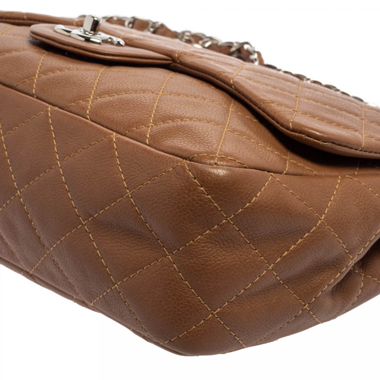 Pre Owned Chanel Tan Quilted Caviar Leather Jumbo Classic Single Flap Bag