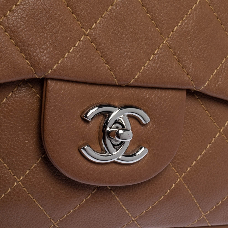Pre Owned Chanel Tan Quilted Caviar Leather Jumbo Classic Single Flap Bag