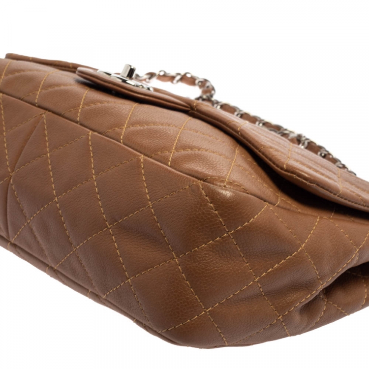 Pre Owned Chanel Tan Quilted Caviar Leather Jumbo Classic Single Flap Bag