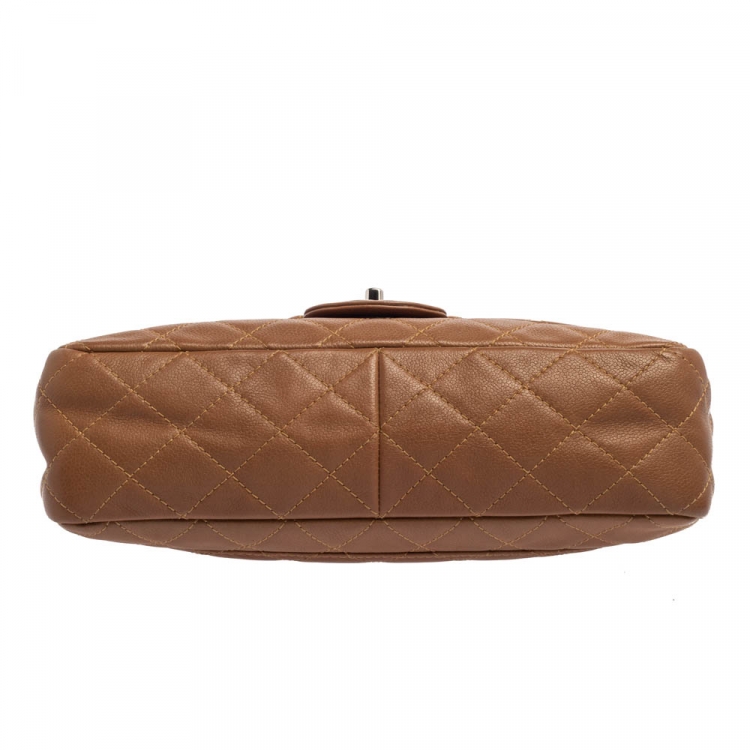 Pre Owned Chanel Tan Quilted Caviar Leather Jumbo Classic Single Flap Bag