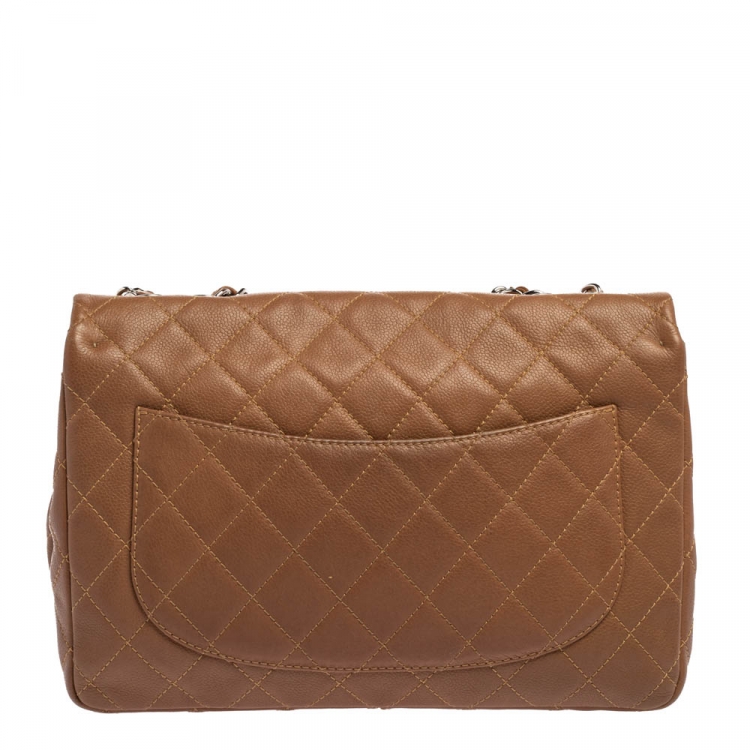 Pre Owned Chanel Tan Quilted Caviar Leather Jumbo Classic Single Flap Bag