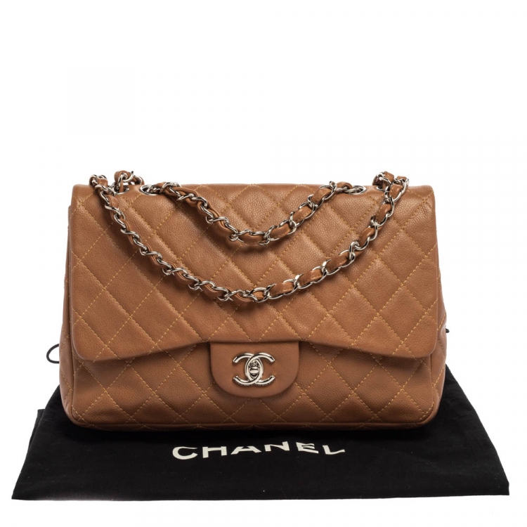 Pre Owned Chanel Tan Quilted Caviar Leather Jumbo Classic Single Flap Bag