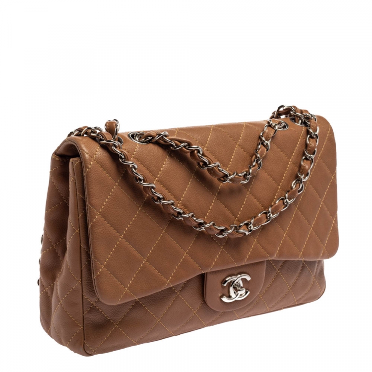 Pre Owned Chanel Tan Quilted Caviar Leather Jumbo Classic Single Flap Bag